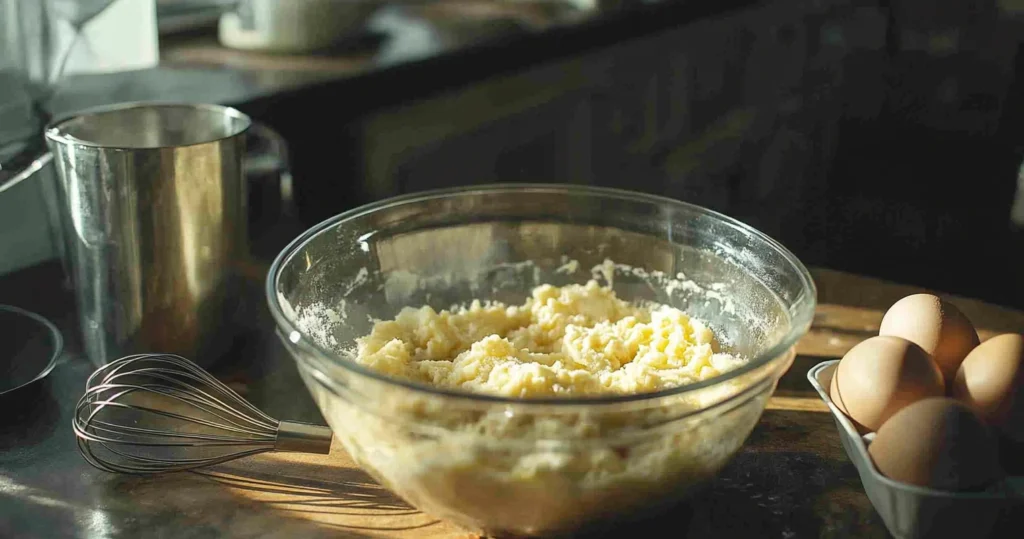 A mixing bowl with mashed bananas, flour, eggs, and baking powder ready to combine.