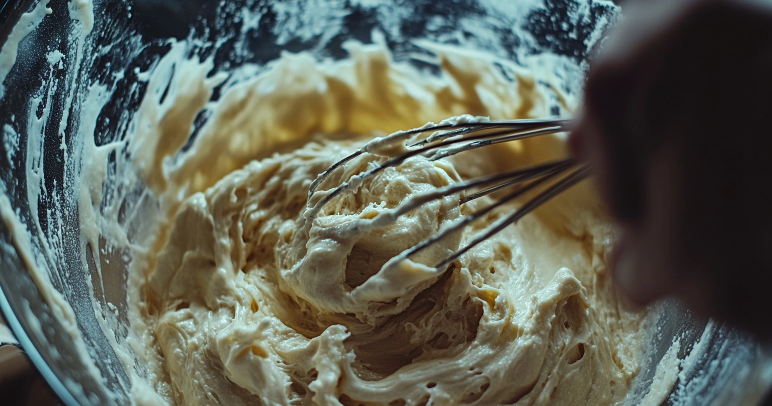 A hand whisking hotcake batter in a mixing bowl