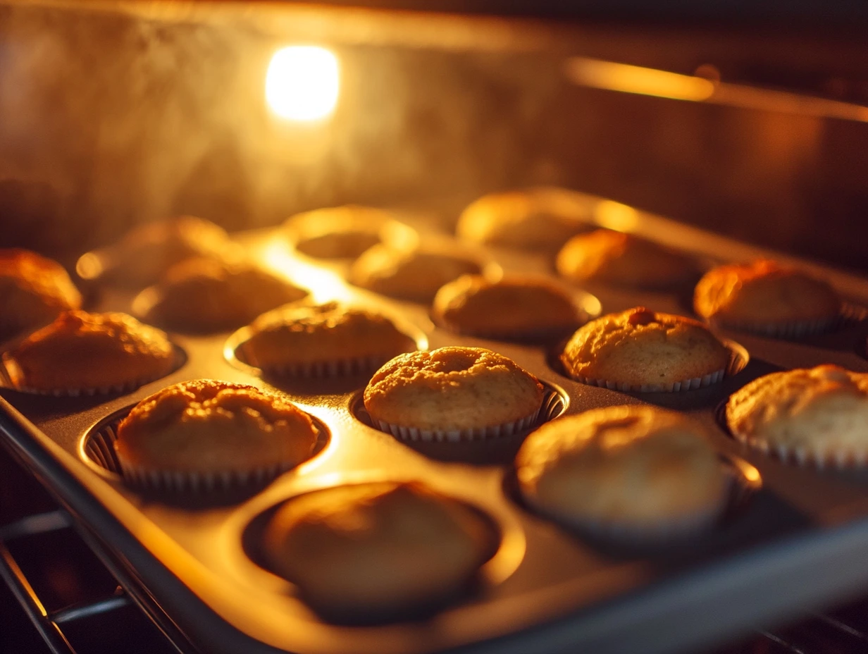 Muffins baking in the oven with golden tops.