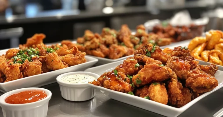 A beautifully presented plate of crispy, golden-brown chicken wings with dipping sauces in a modern kitchen setting.