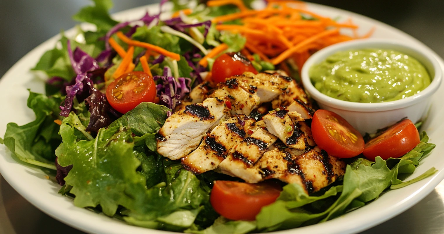 Salade de légumes frais avec tomates cerises et morceaux de poulet grillé.