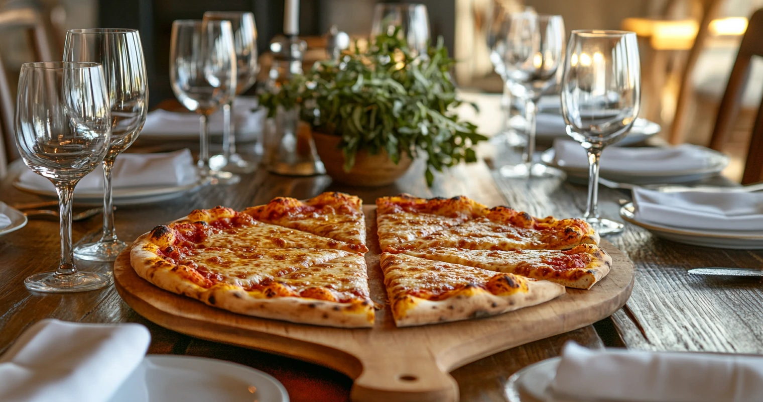 A sliced 12-inch pizza served on a table with plates and glasses.