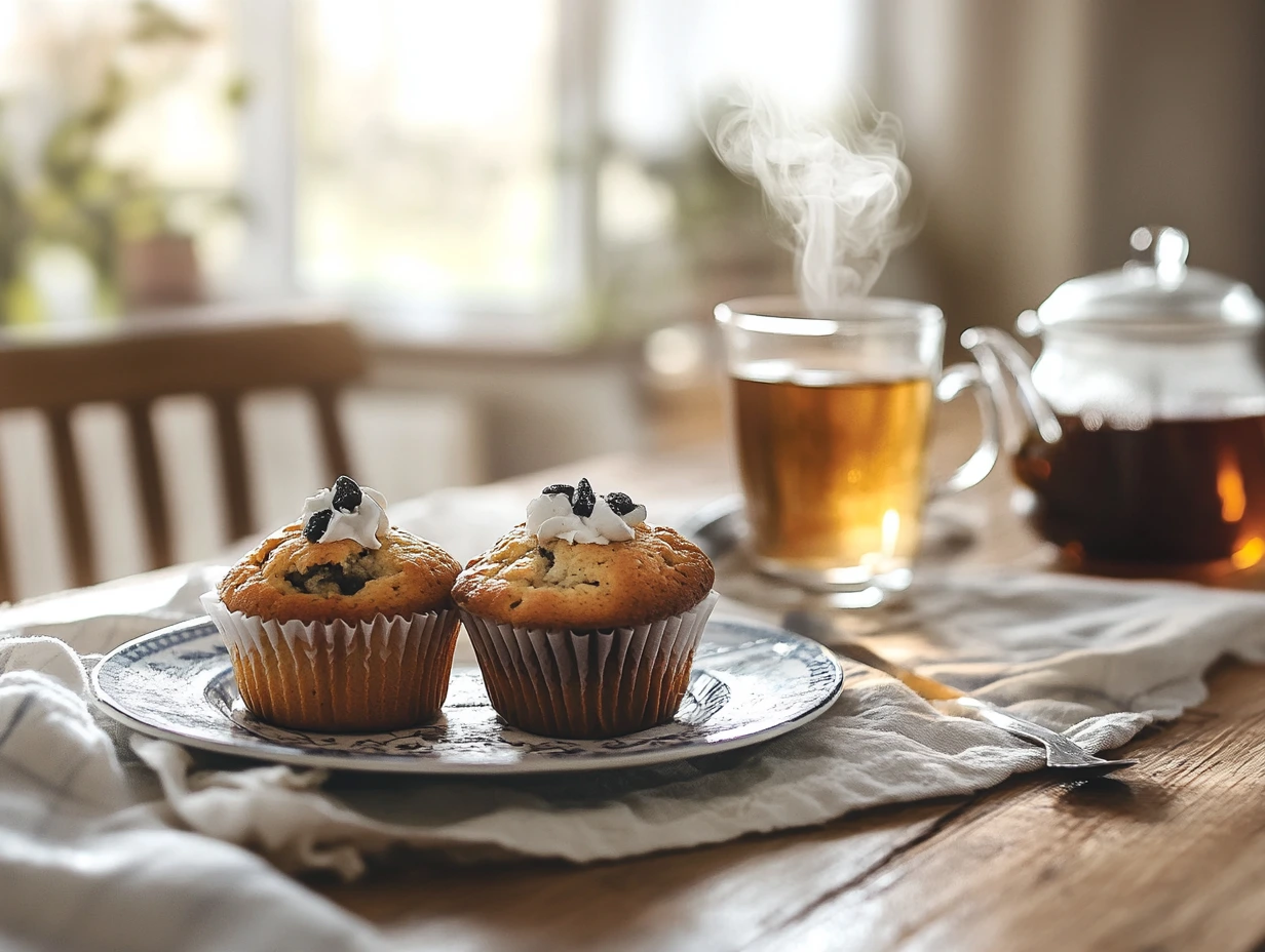 Served muffins on a plate with a cup of tea.