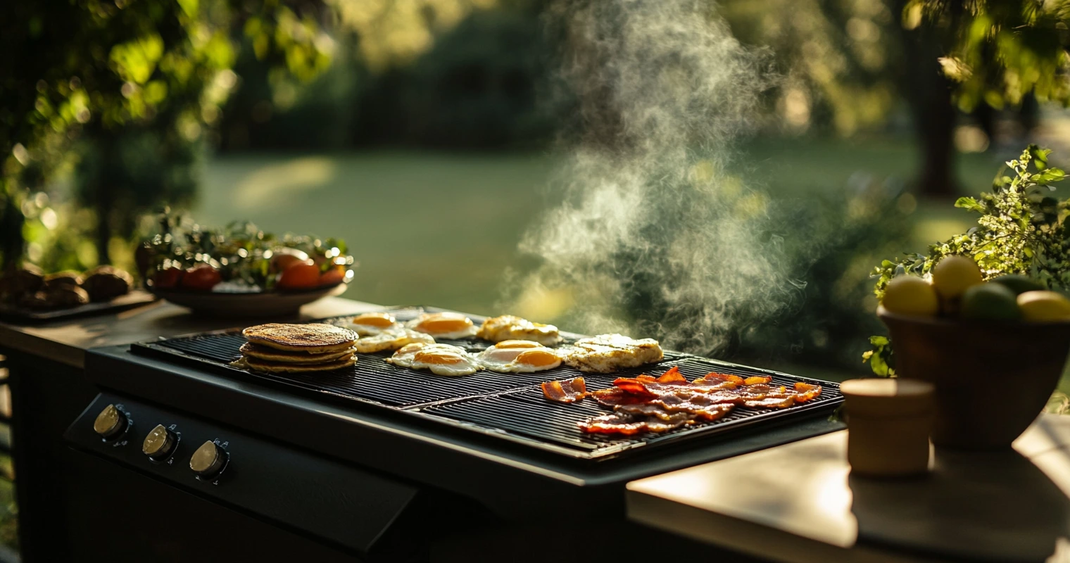 A Blackstone grill with sizzling pancakes, eggs, and bacon