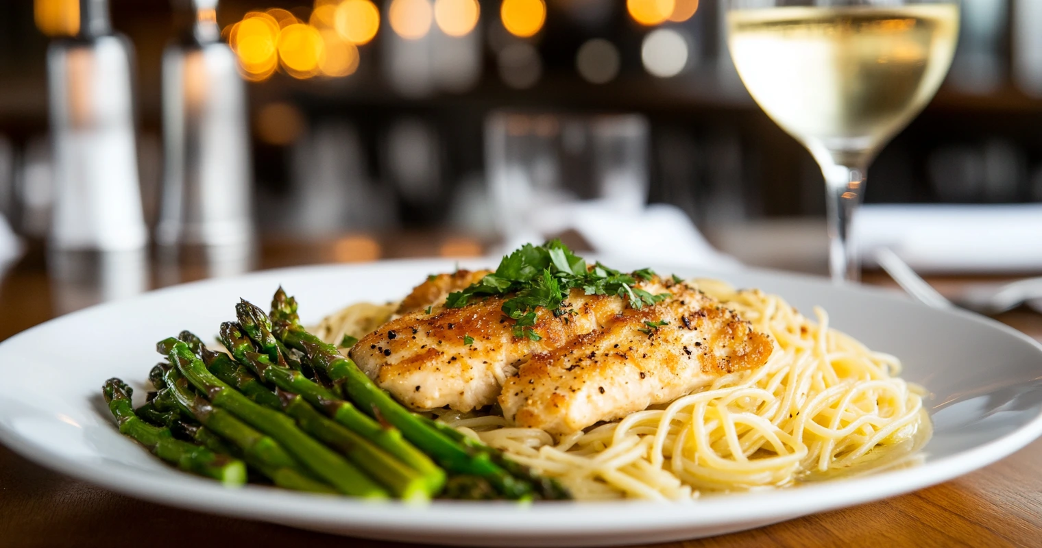 Plates of angel hair pasta and steamed asparagus beside Chicken Piccata.