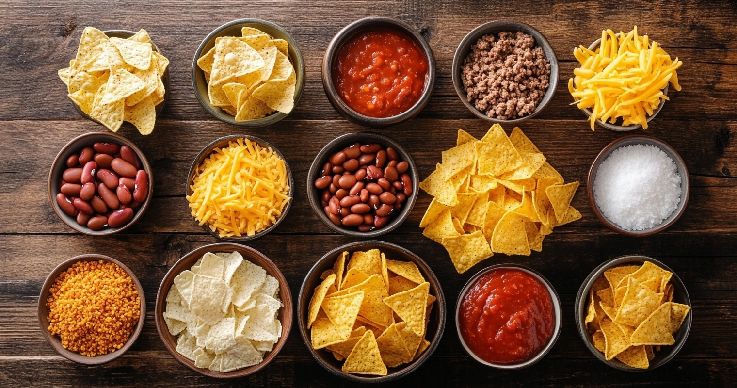 Ingredients for Frito Pie Casserole laid out on a wooden table.