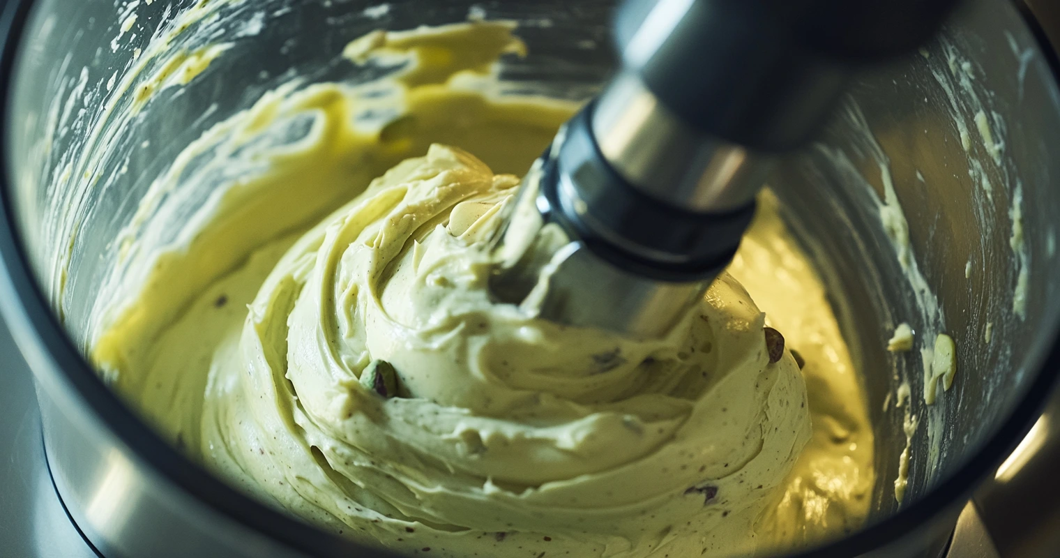 Pistachio cream being blended in a food processor.