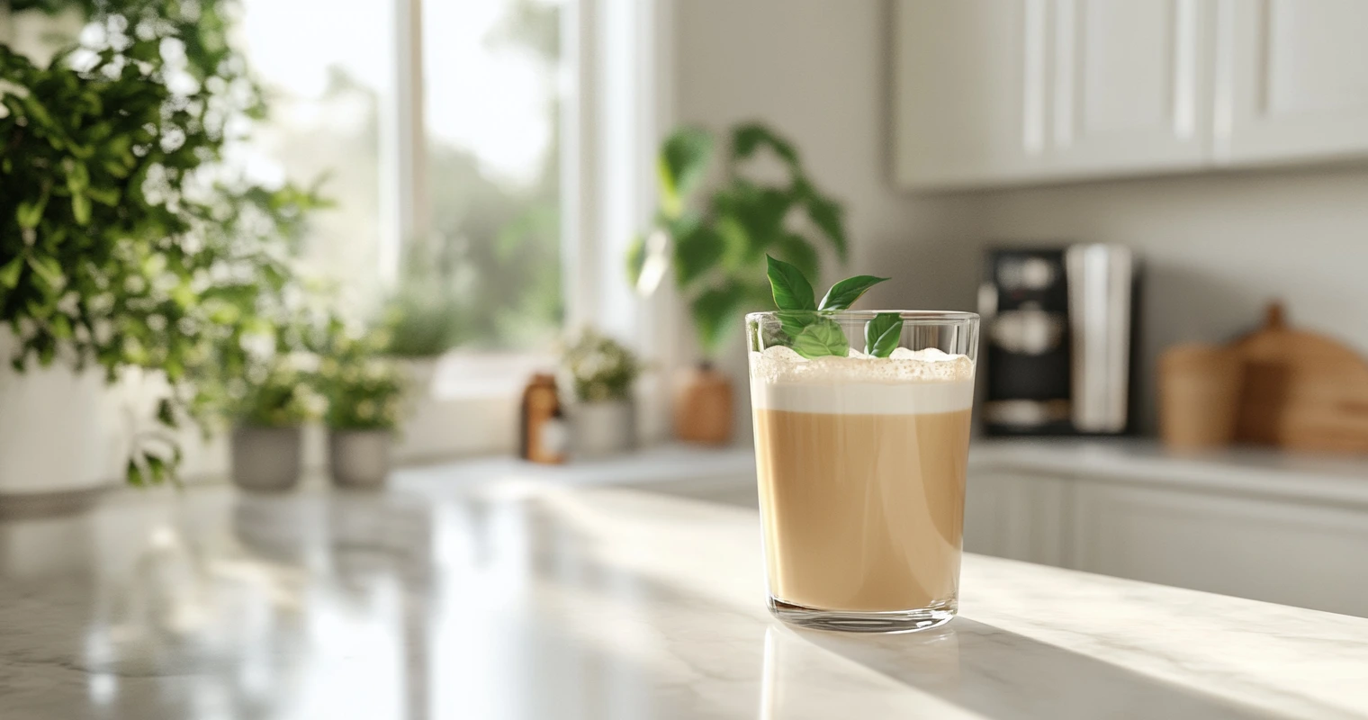 A skinny iced latte with almond milk and a measuring spoon of Javy Coffee concentrate