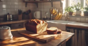 A loaf of moist banana bread with a golden crust on a wooden cutting board.