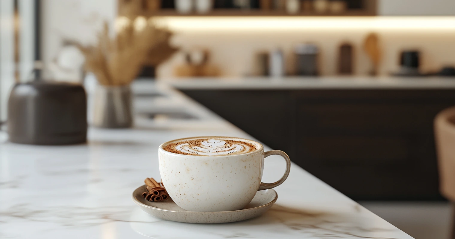 Close-up of a steaming dirty chai latte with frothy milk in a modern kitchen.