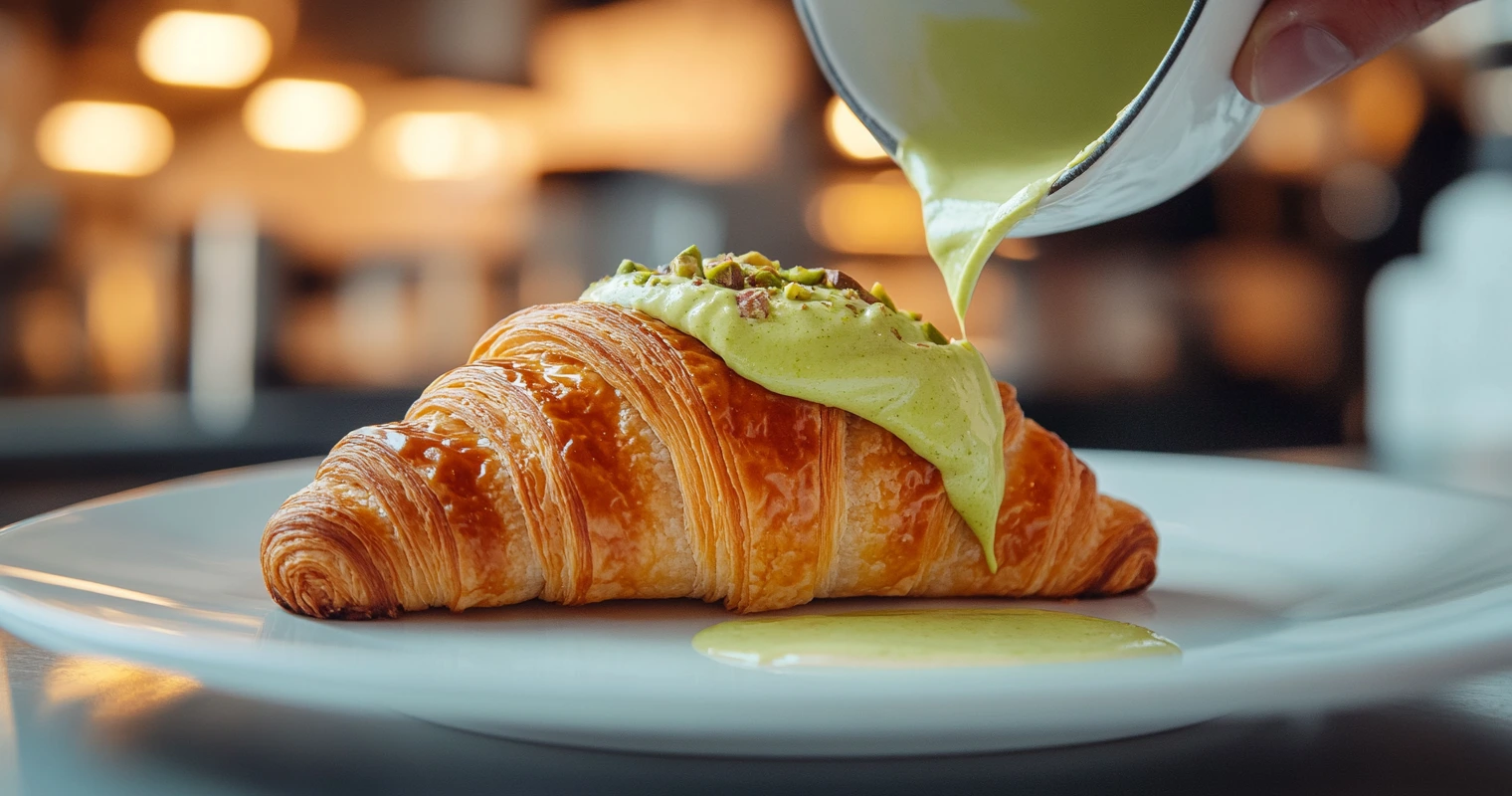 Pistachio cream spread on a flaky golden croissant.