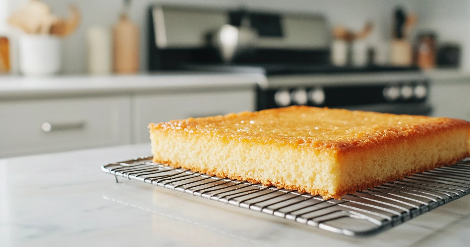 A freshly baked kefir sheet cake cooling on a wire rack