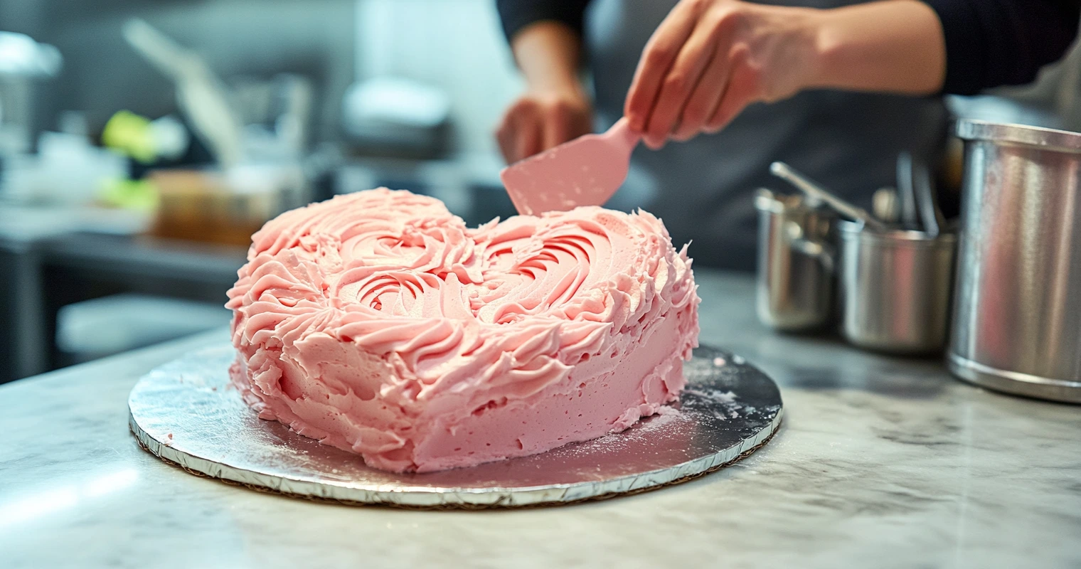 Someone applying pink frosting to a heart-shaped cake in a brightly lit professional kitchen.