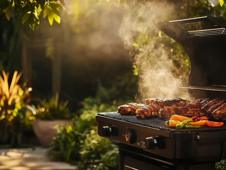 A Traeger grill in action, producing light wood smoke, with a variety of foods like ribs, chicken, and vegetables grilling to perfection.