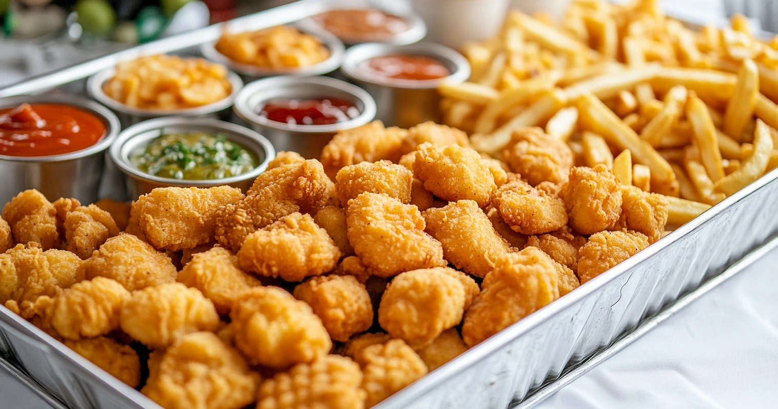 Plateau de nuggets, frites gaufres, et sauces présenté pour un événement.
