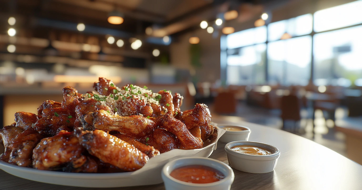 A platter of assorted chicken wings with honey glaze, garlic Parmesan, and smoky paprika seasoning.