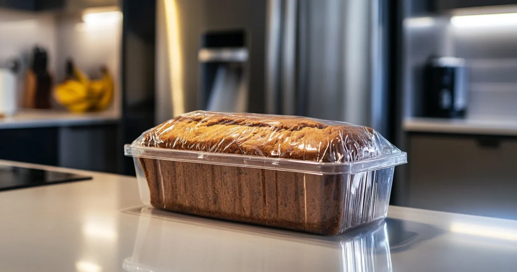 A loaf of banana bread wrapped in plastic wrap and stored in an airtight container.