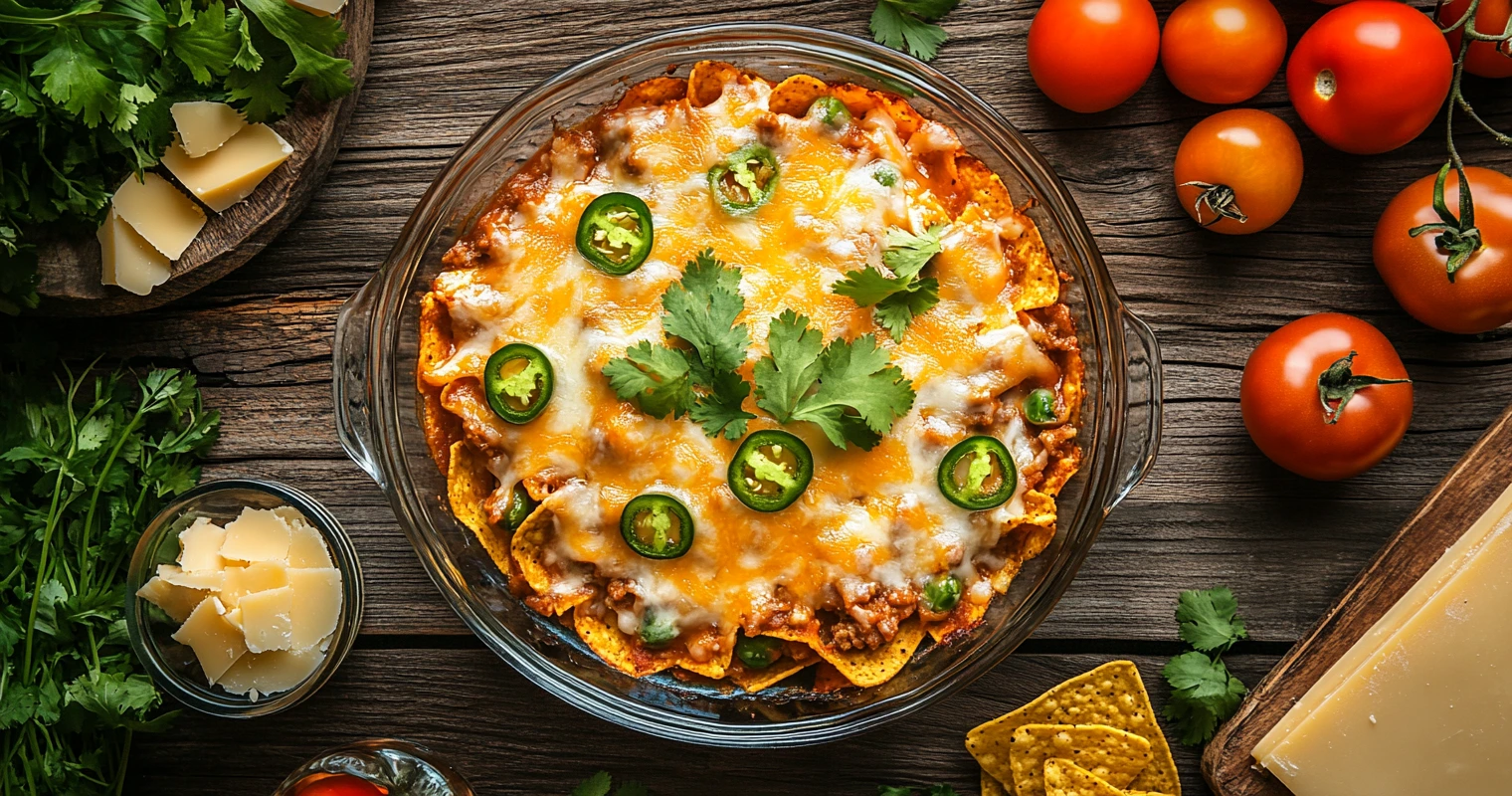 A baked Frito Pie Casserole with golden cheese and toppings in a dish