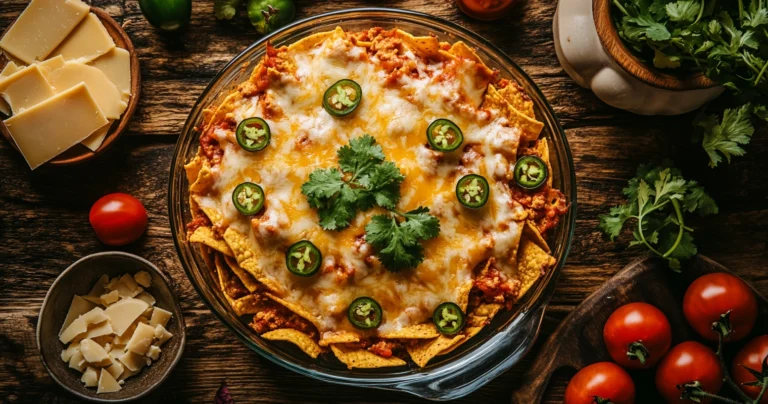 A baked Frito Pie Casserole with golden cheese and toppings in a dish.