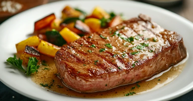 A golden-brown shark steak served with a garlic butter sauce and garnished with parsley.
