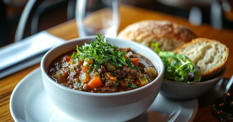 A bowl of vegan hunter’s stew with root vegetables, legumes, and crusty bread on a wooden table