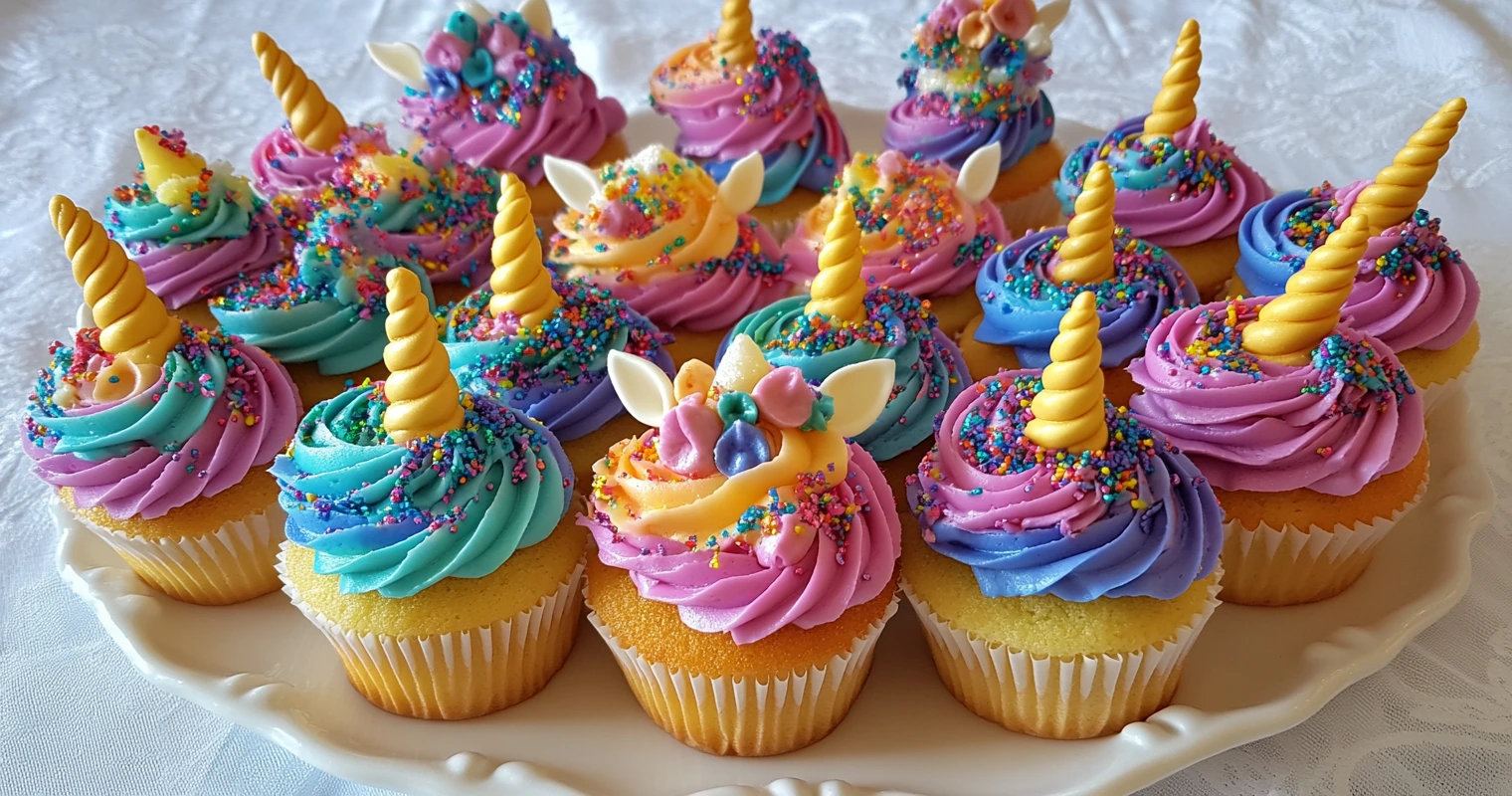 Mini unicorn cupcakes with rainbow-colored frosting and golden fondant horns