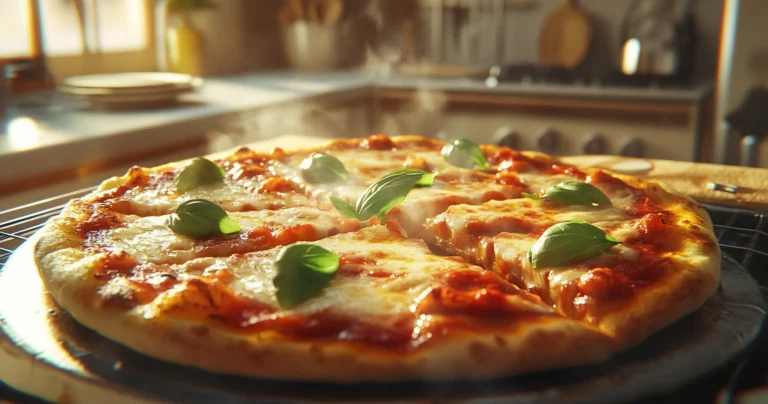 A freshly baked 12-inch pizza with golden melted cheese, tomato sauce, and fresh basil leaves on a wooden board.