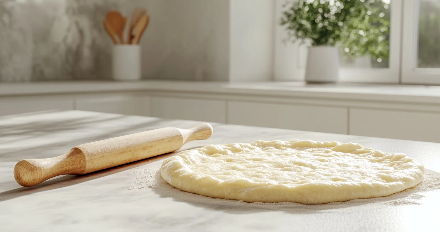 Pizza dough rolled out on a floured kitchen countertop.