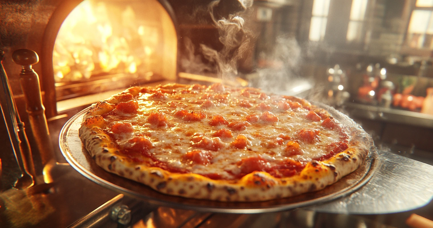A bubbling, cheesy 12-inch pizza fresh out of the oven.