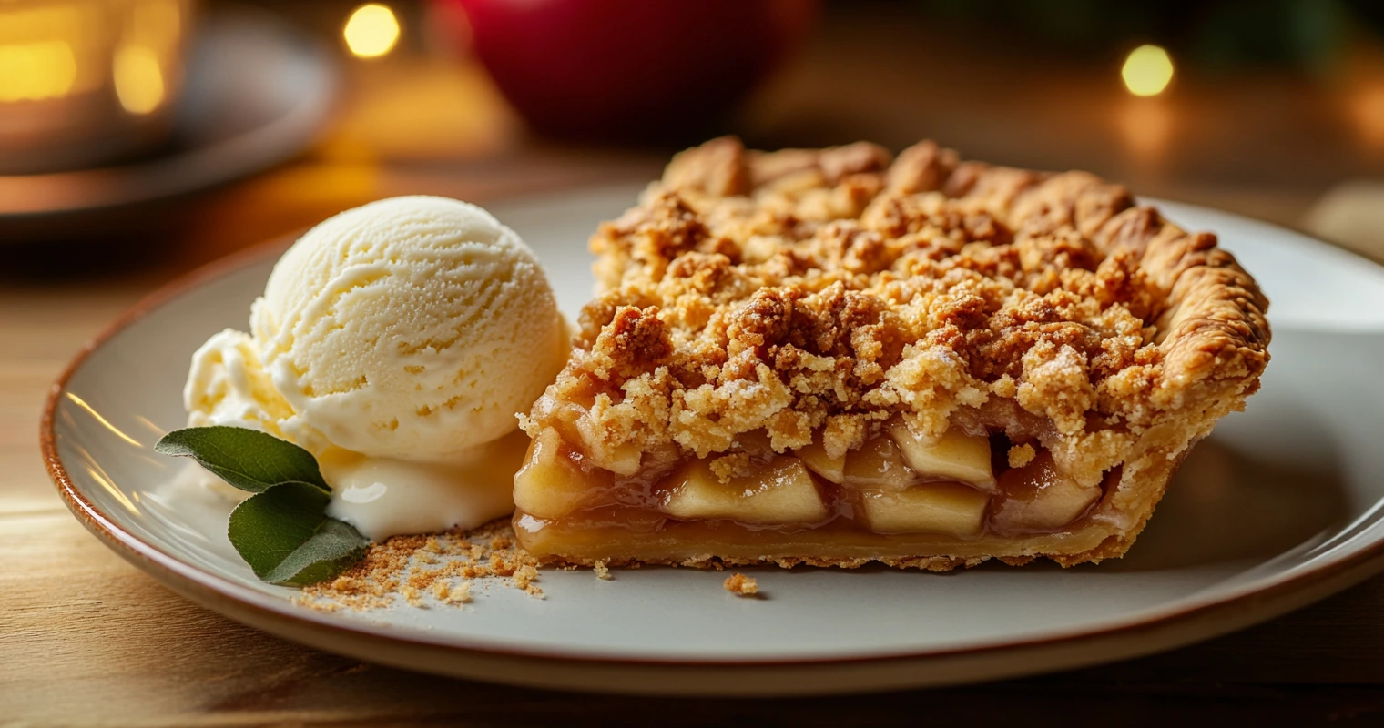An apple pie topped with crumble and served with whipped cream