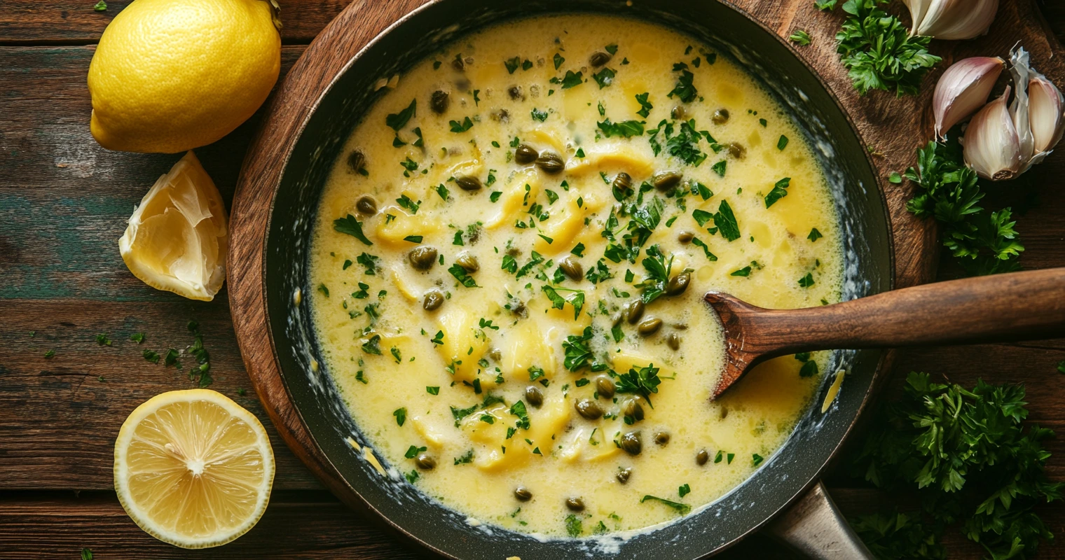 A skillet filled with lemon butter sauce, garlic, capers, and parsley.