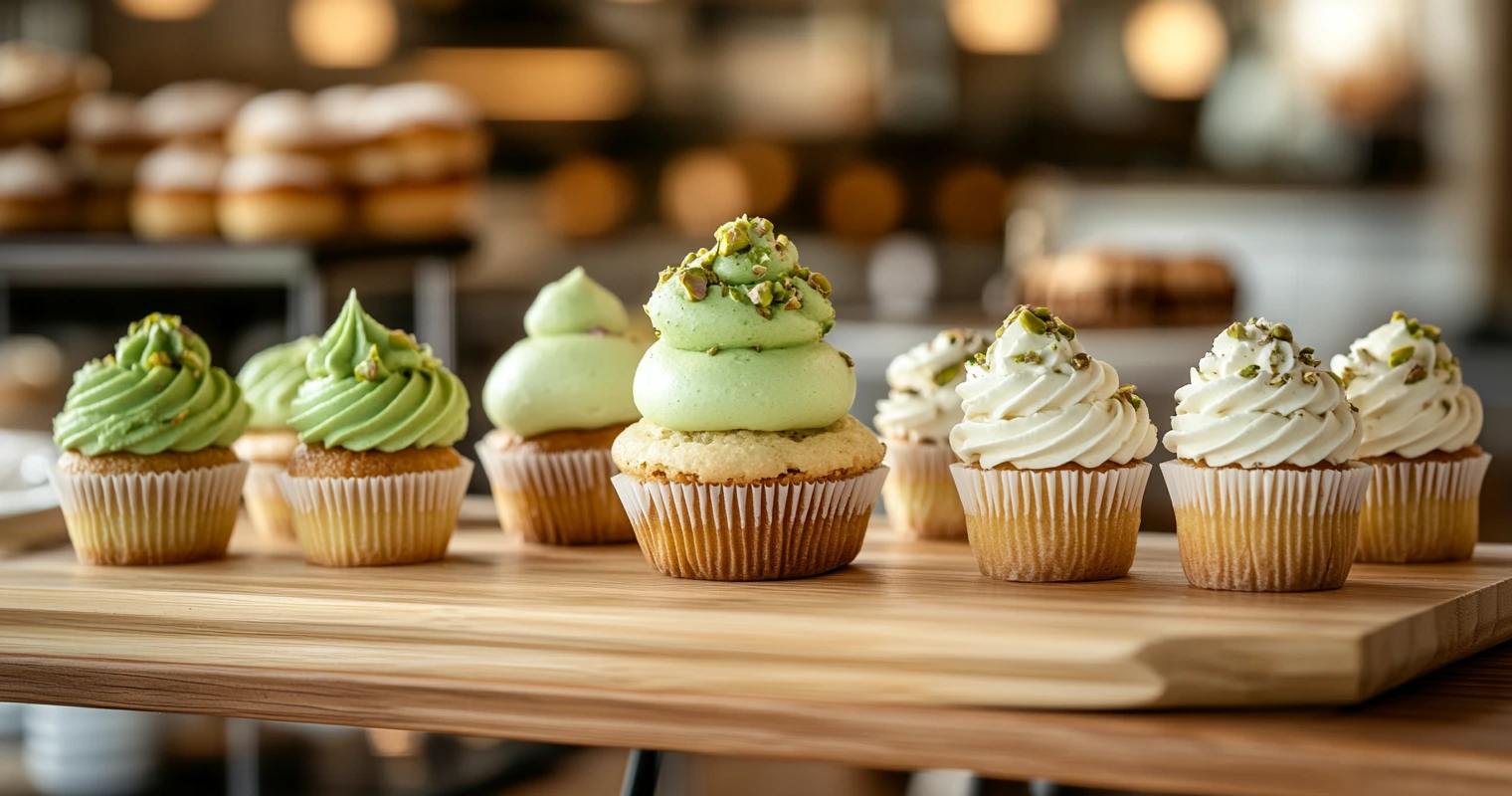 A variety of desserts topped with pistachio cream.