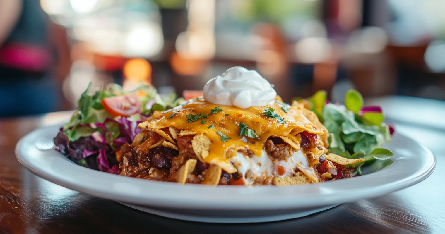 Frito Pie Casserole served with a side salad and toppings