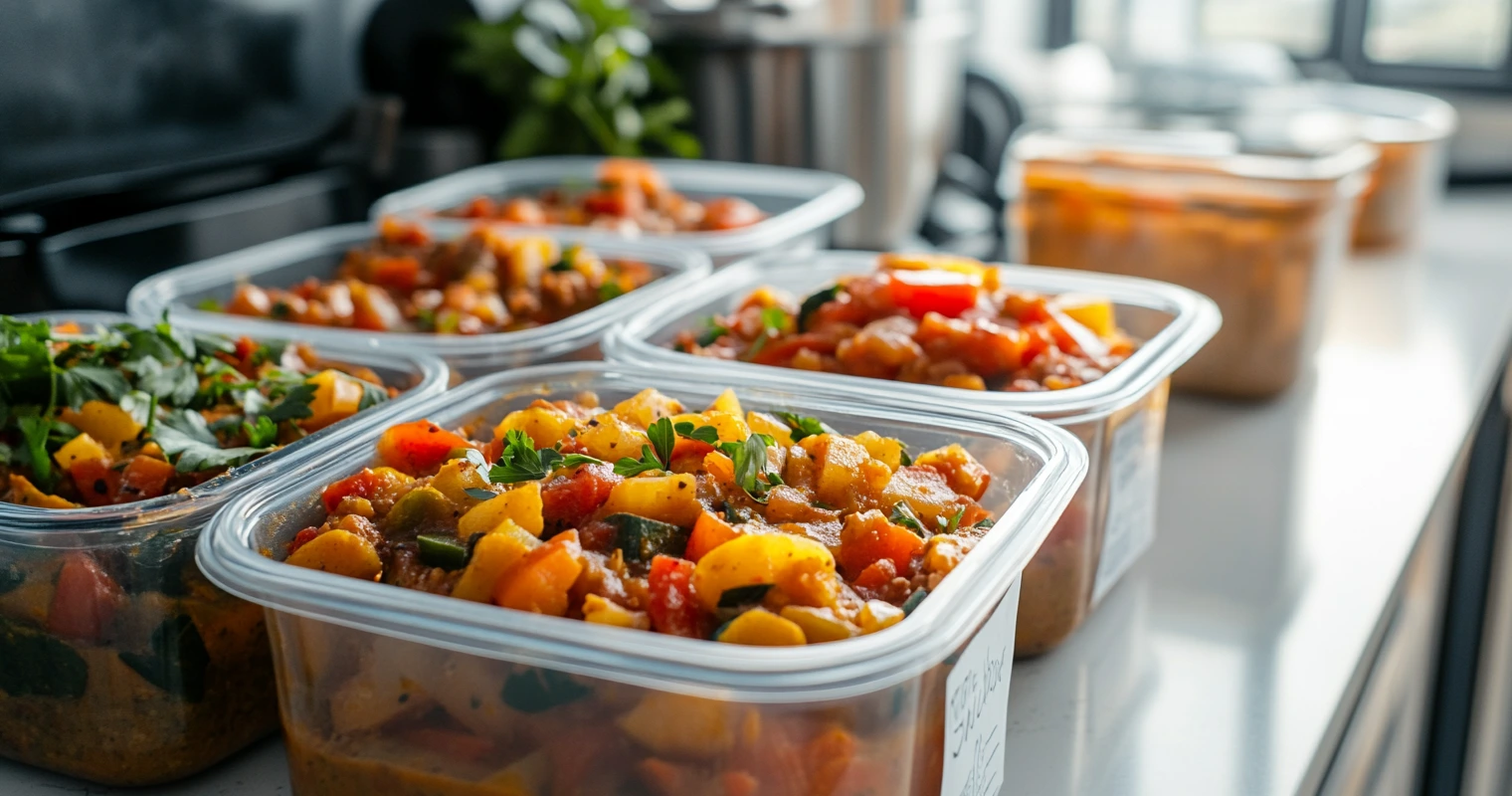 Containers of vegan hunter’s stew labeled and ready for freezing.