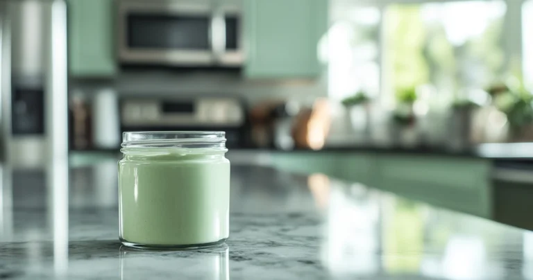 A jar of smooth pistachio cream on a kitchen countertop.