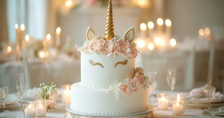 A wedding-themed unicorn cake with white and gold decorations.