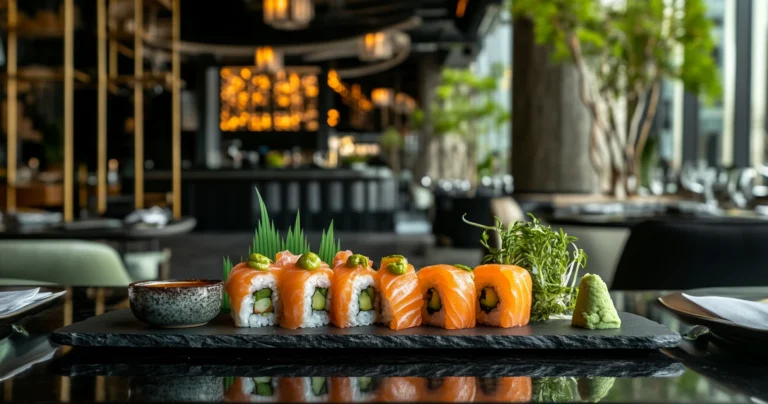 Fresh salmon sushi cuts arranged for sushi preparation