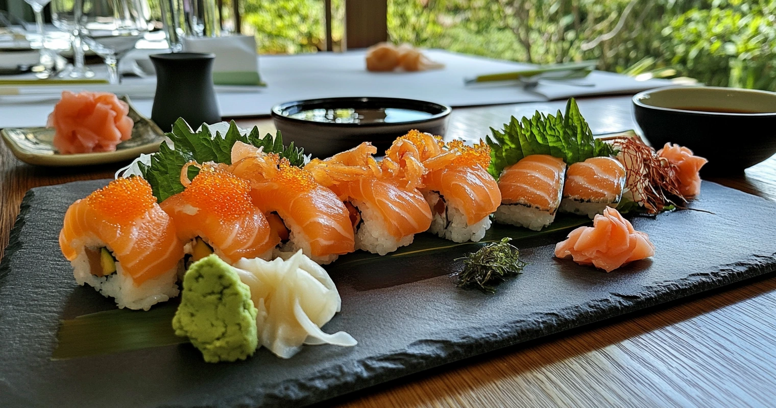 Salmon sushi served with sake and green tea on a bamboo mat