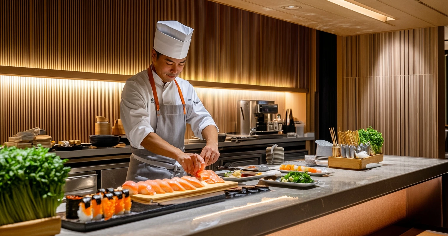 A sushi chef expertly slicing salmon for sushi.