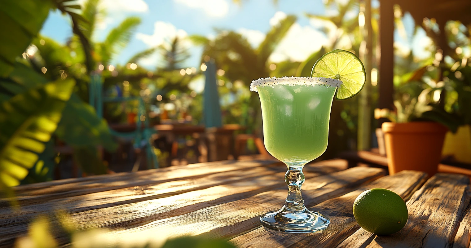 A classic skinny margarita with lime wedges and a salted rim served on a sunny patio.