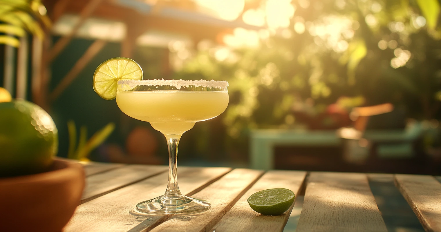 A skinny margarita glass with a salted rim and lime wedge garnished elegantly on the edge.