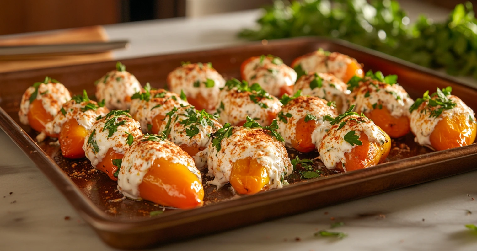 Stuffed cherry peppers with cheese and herbs on a baking tray