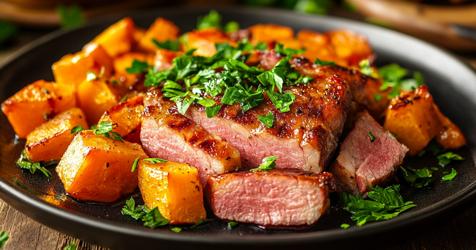 Plated baked ham steak and yams garnished with fresh parsley.
