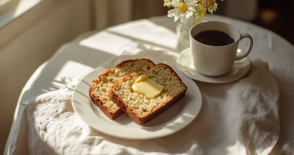 A slice of banana bread on a plate next to a steaming cup of coffee.