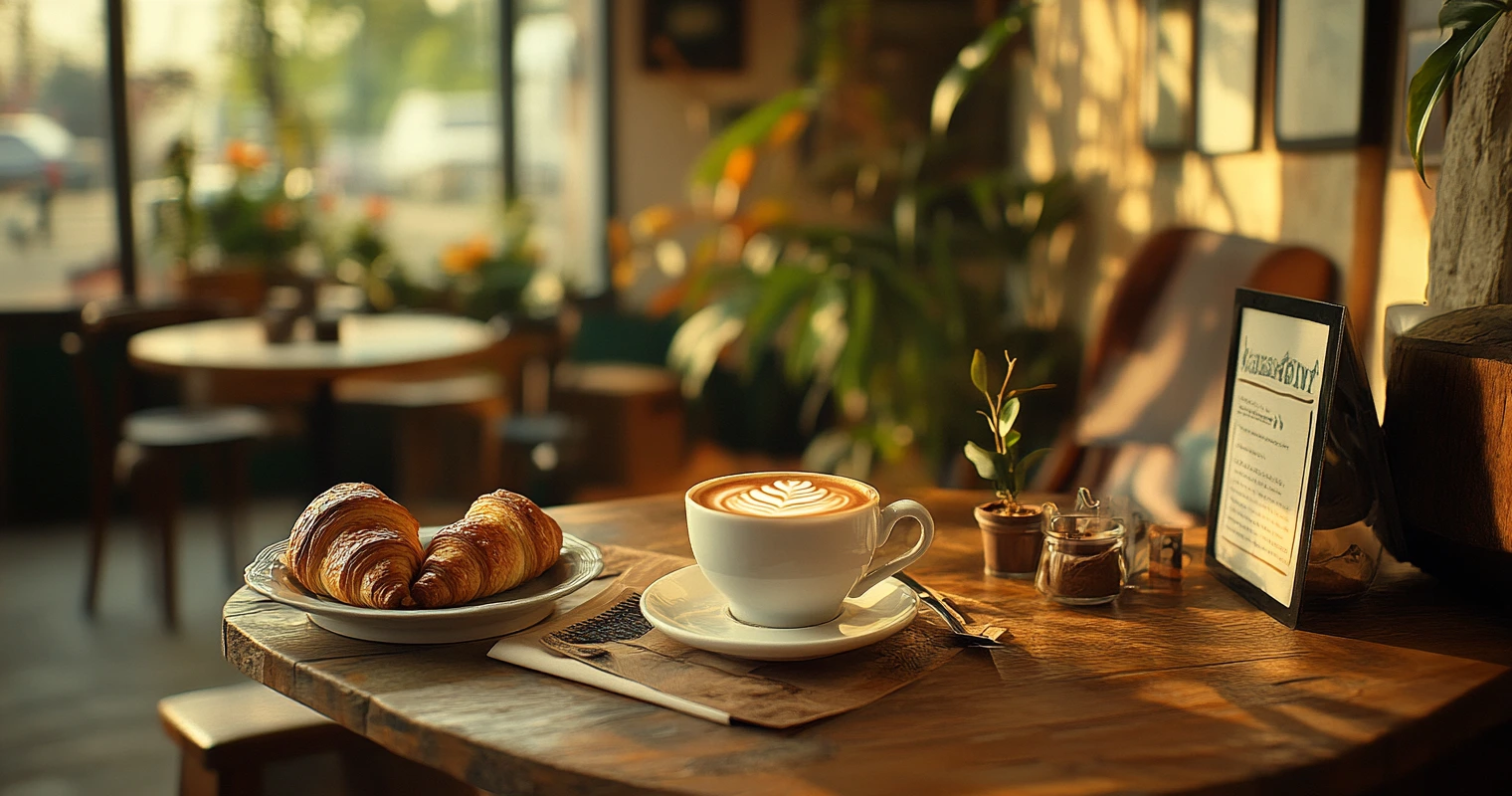 A dirty chai latte paired with croissants on a wooden café table