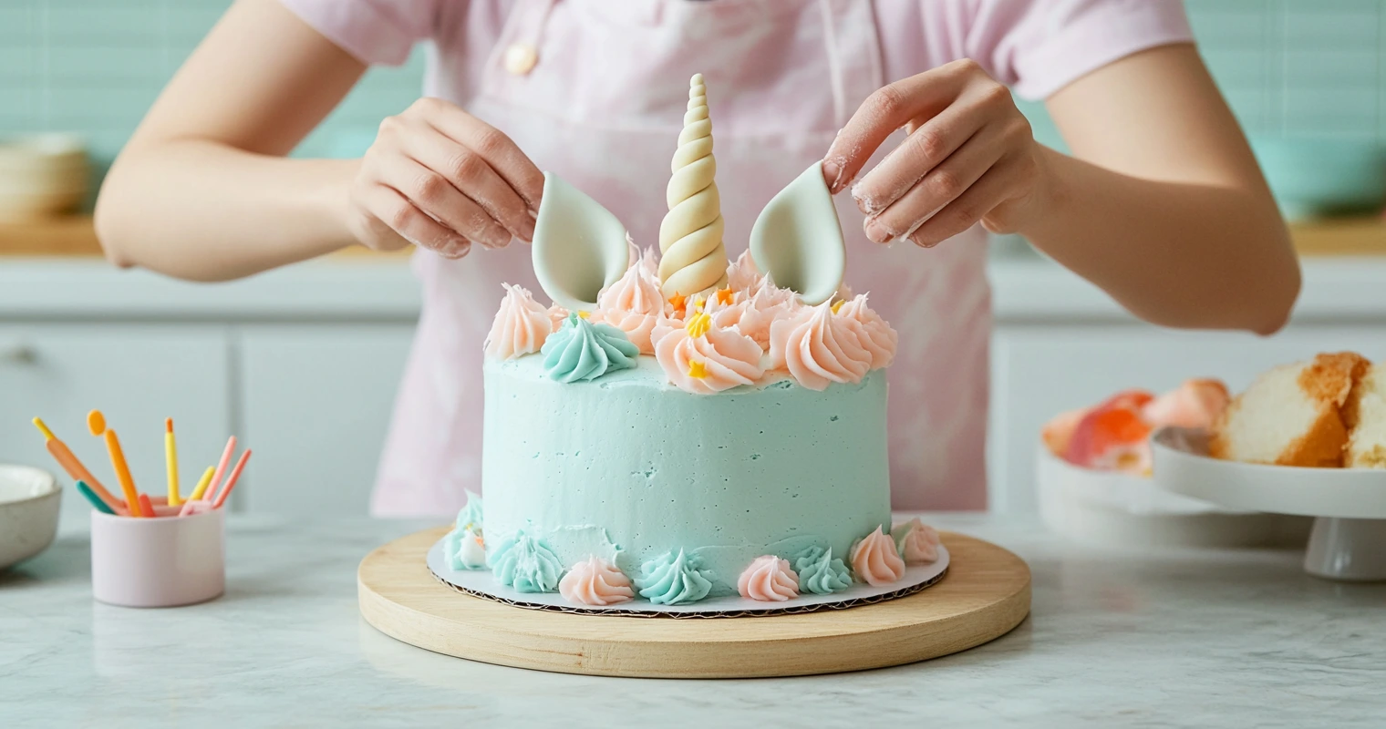 A baker decorating a unicorn cake with colorful frosting swirls.