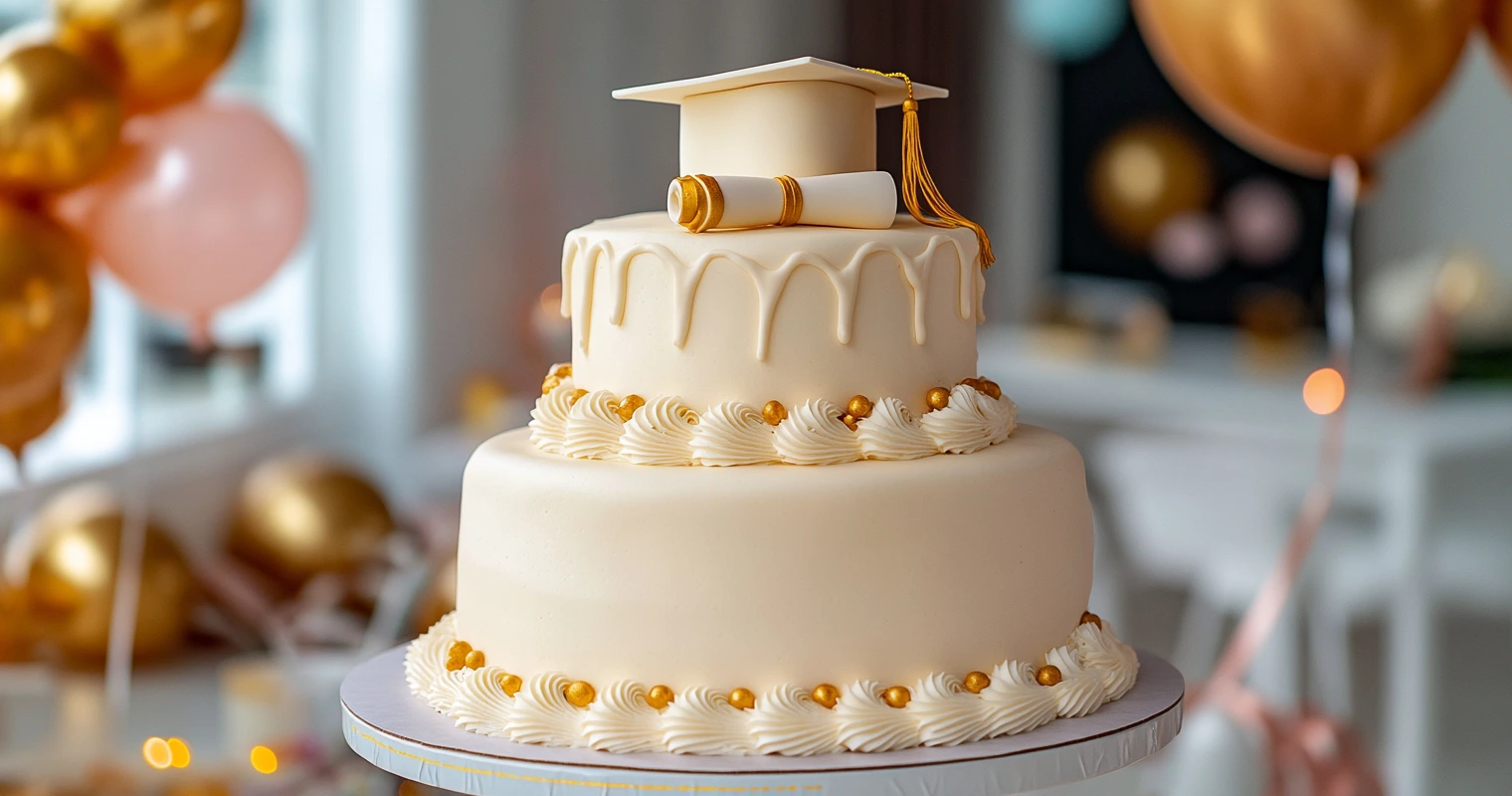 A graduation cake featuring a printed edible photo of the graduate.
