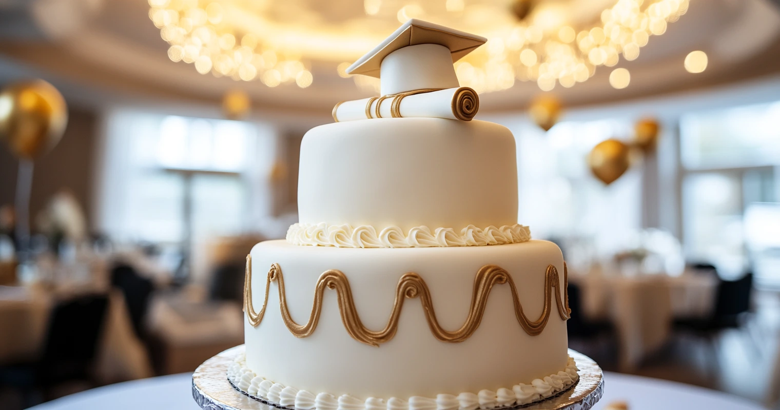 A white and gold graduation cake featuring a fondant graduation cap and diploma