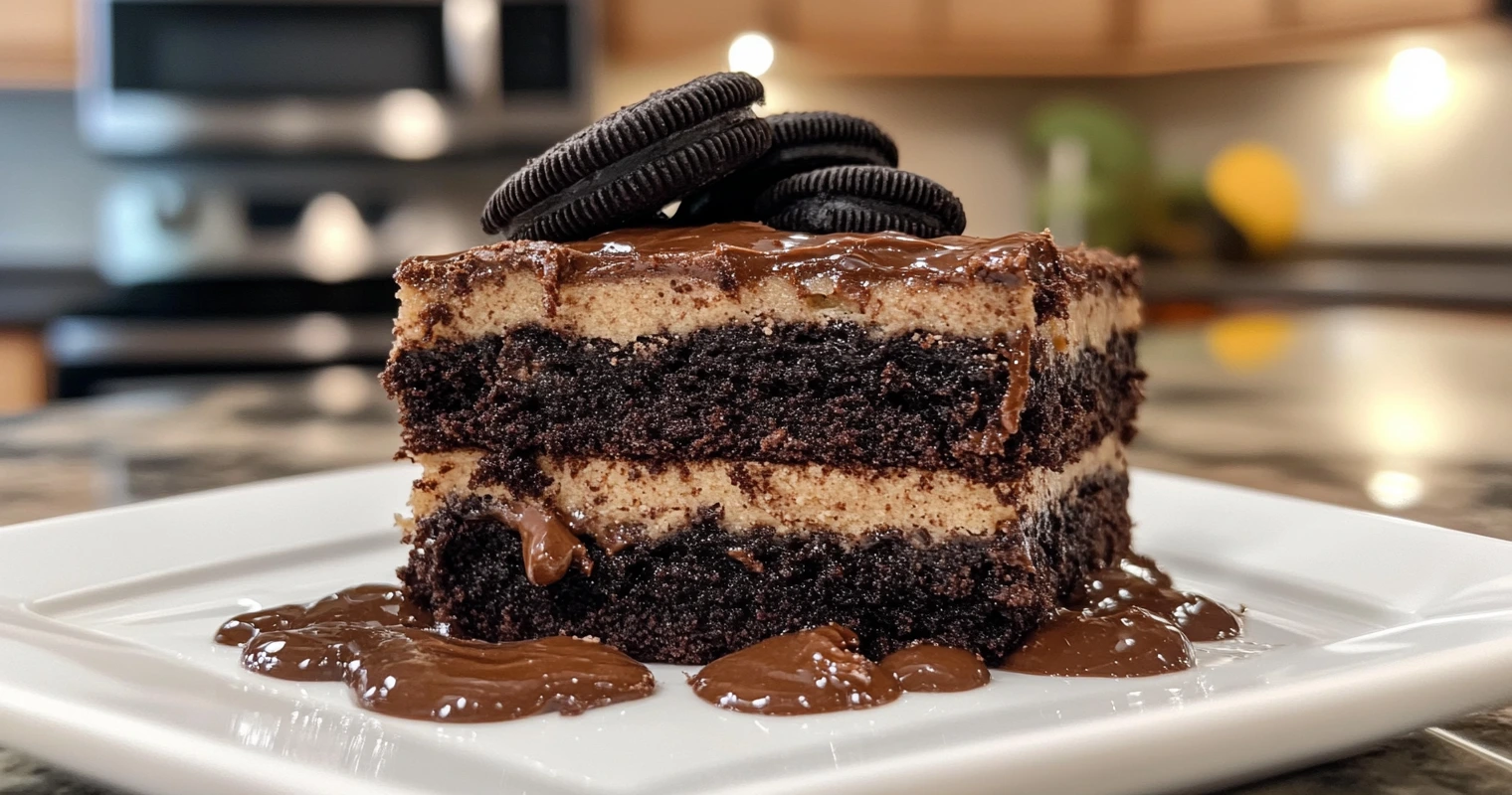 A stack of gooey Slutty Brownies showing the cookie, Oreo, and brownie layers