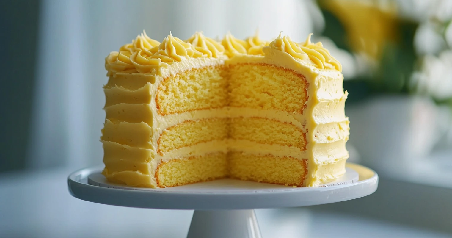 A single-tier lemon cake with yellow frosting and edible citrus slice decorations